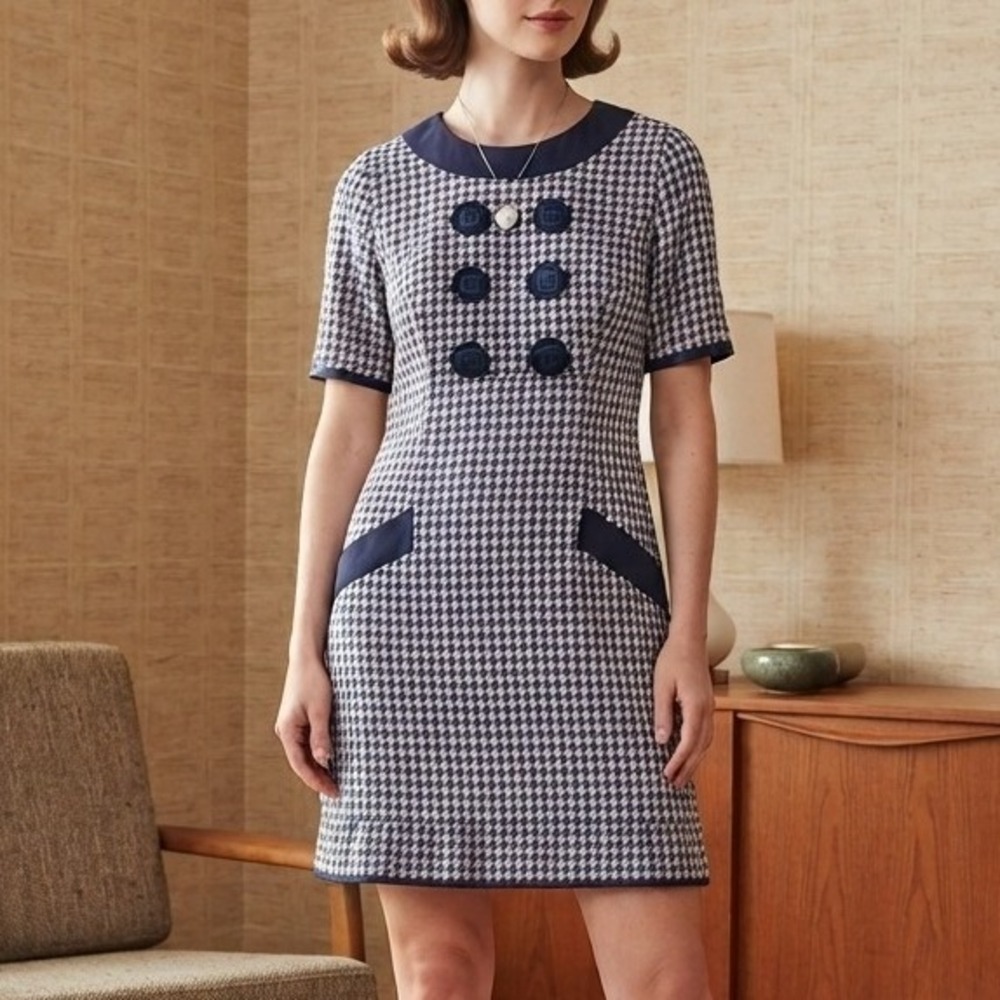 Talbots twiggy 70s retro Oberon Dress 12 Houndstooth Mod Shift Blue flight